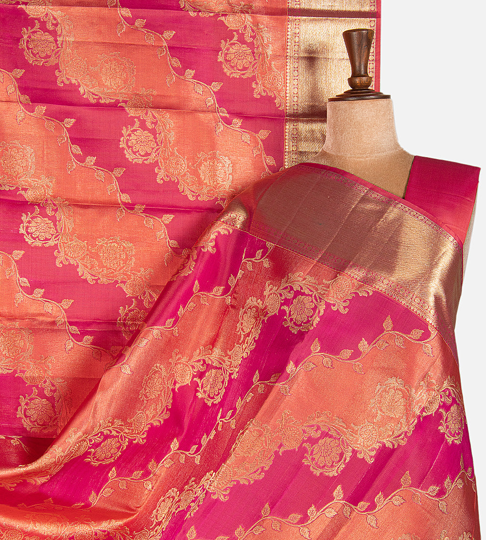 Pink and Coral Kanchipuram Silk Saree