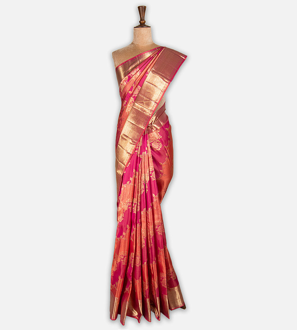 Pink and Coral Kanchipuram Silk Saree