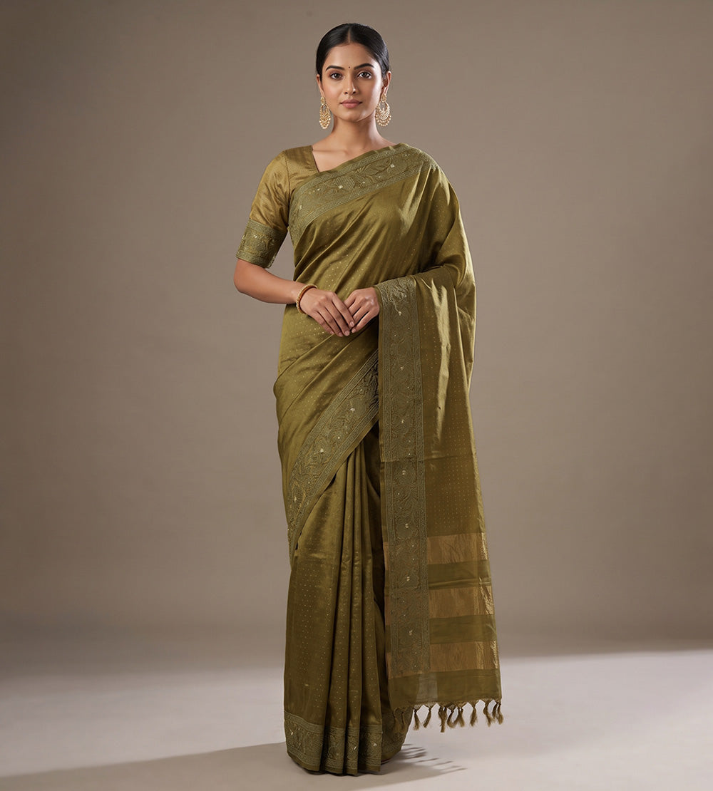 Olive Green Tussar Saree