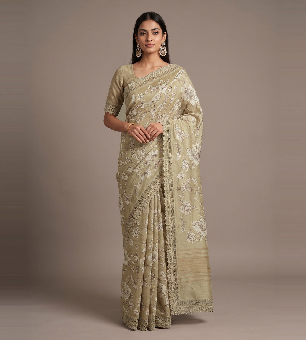 Olive Green Linen Saree