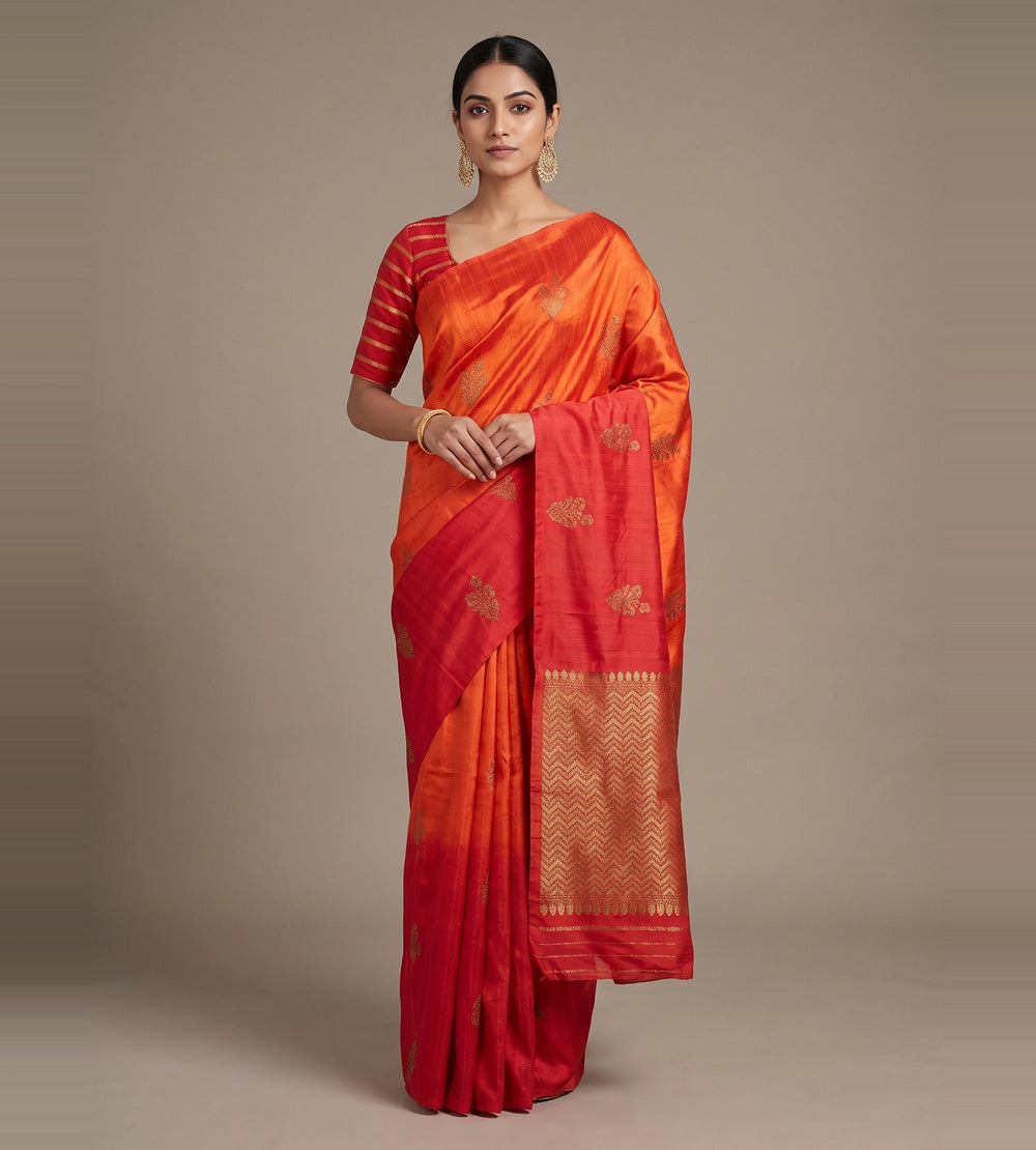 Orange and Red Banarasi Tussar Saree