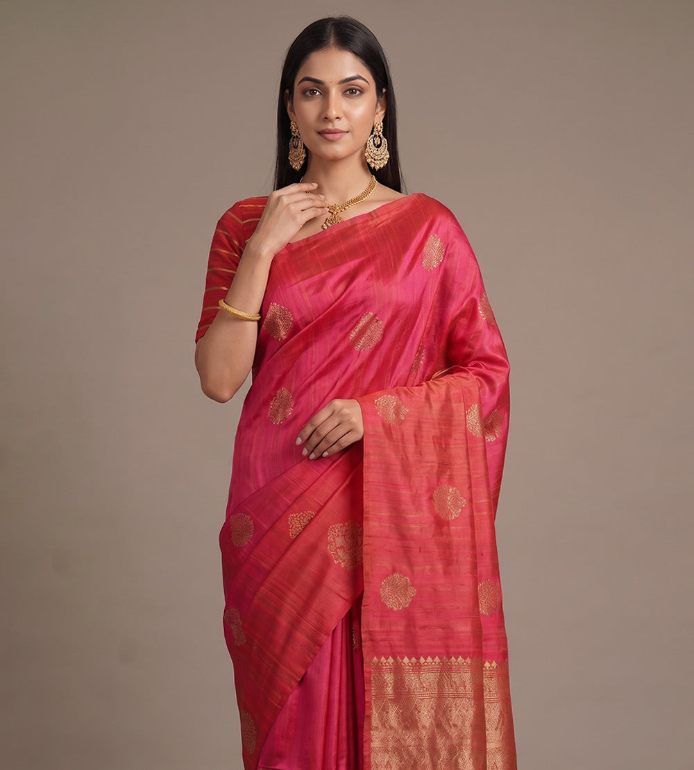 Red and Pink Banarasi Tussar Saree
