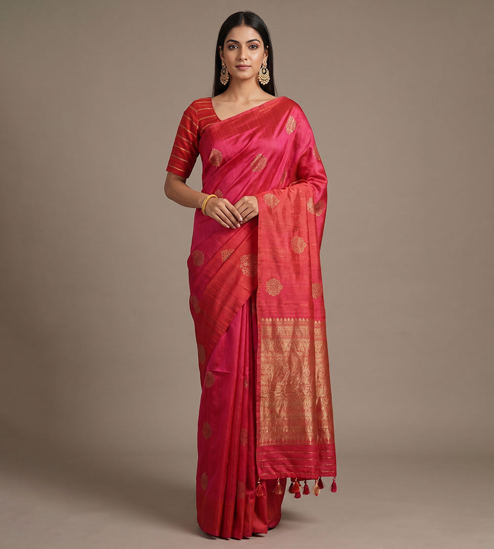 Red and Pink Banarasi Tussar Saree