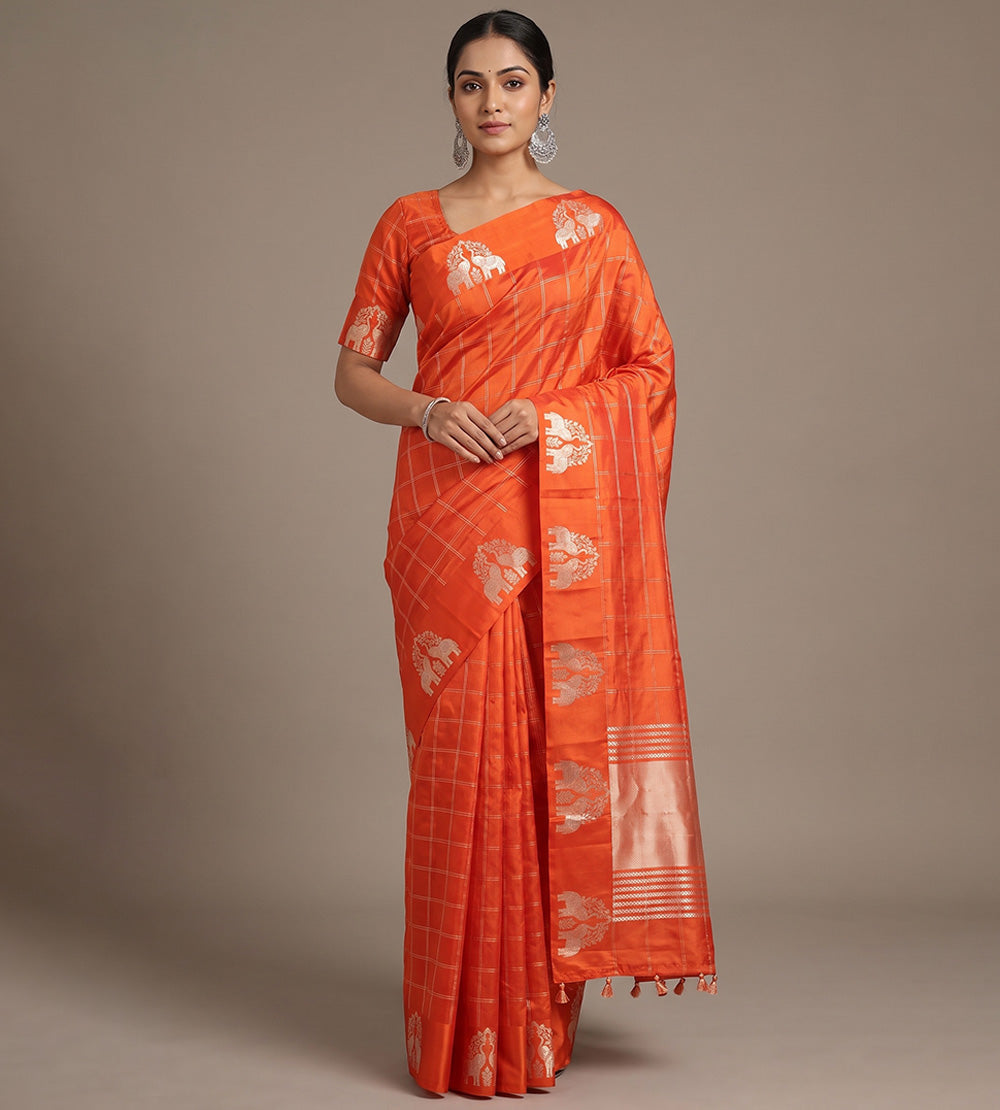 Orange Banarasi Kattan Silk Saree