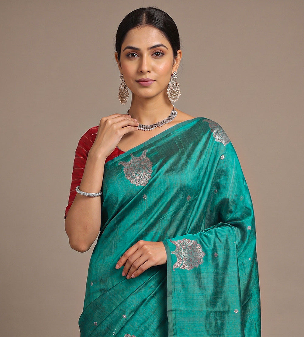 Teal Banarasi Tussar Saree