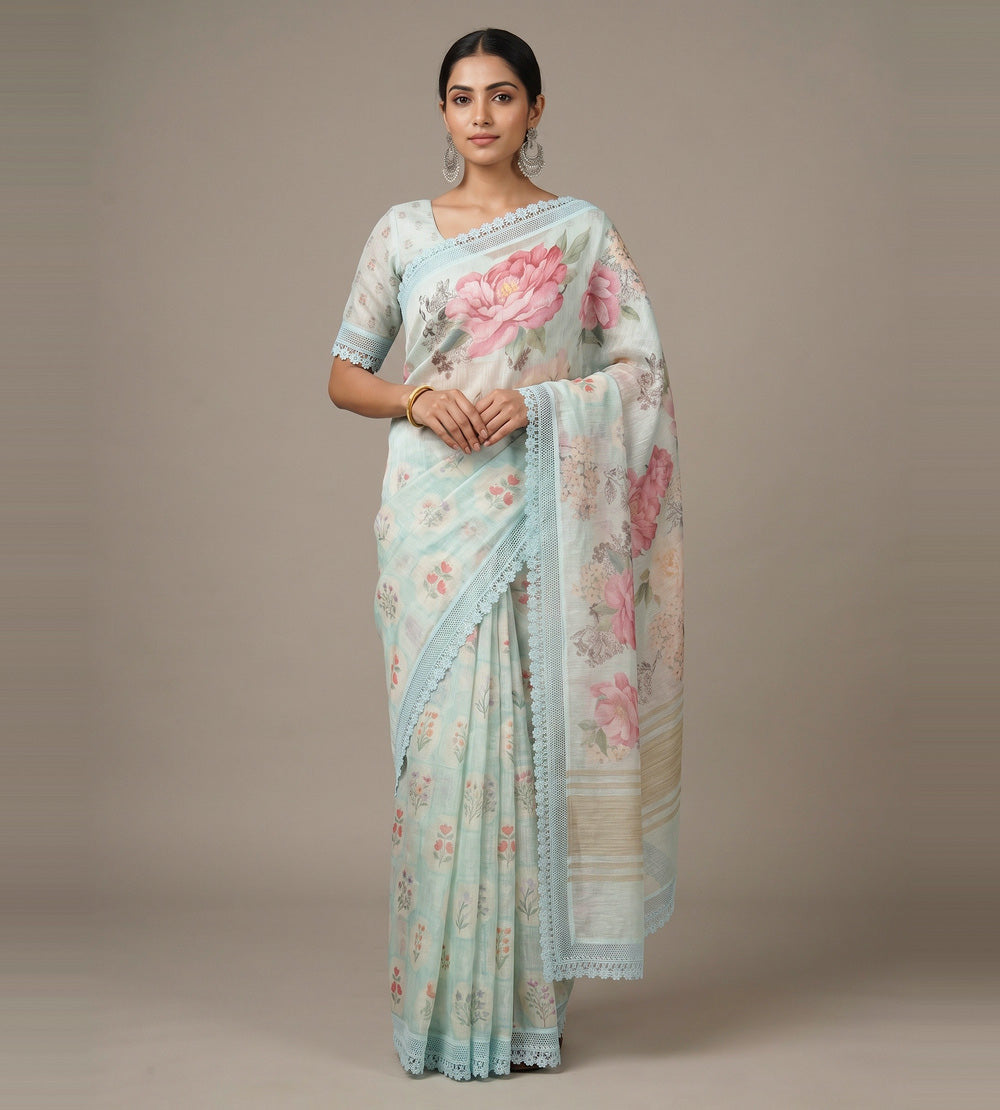 Pastel Blue Linen Saree