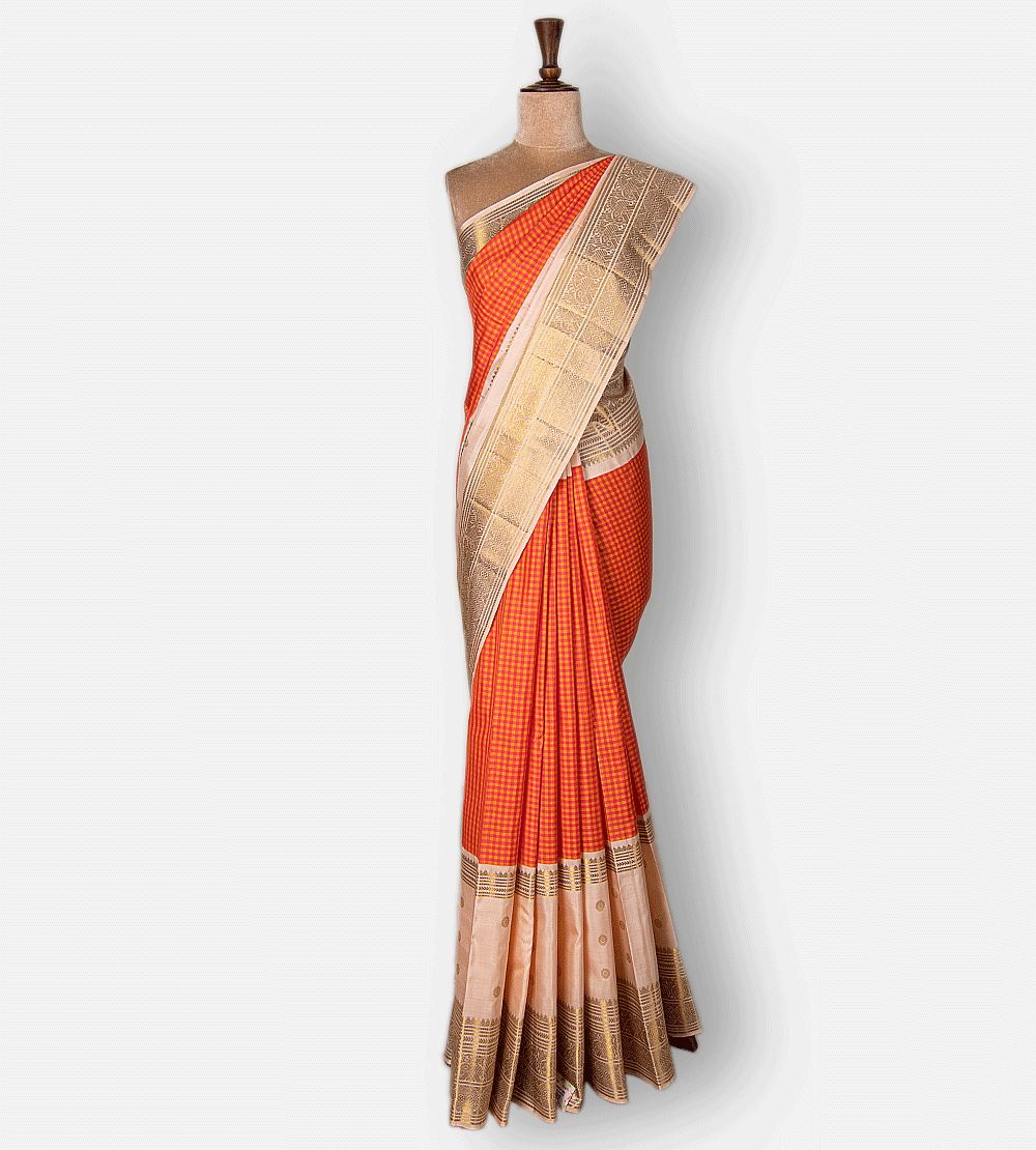 Pink And Orange Kanchipuram Silk Saree