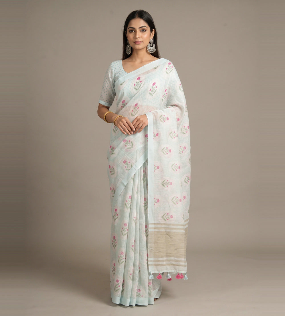 Pastel Blue Linen Saree
