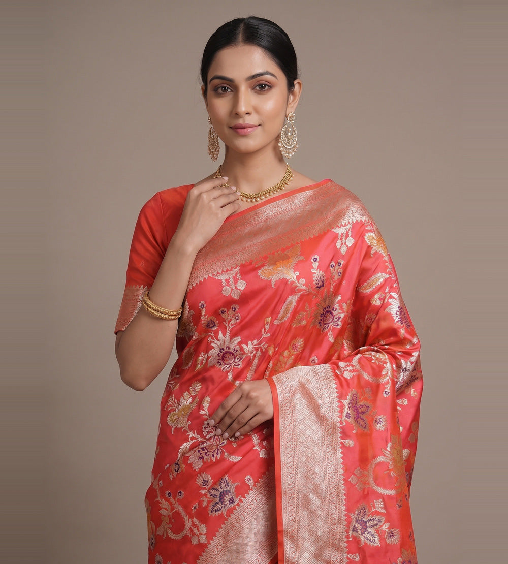 Orangish Pink Banarasi Silk Saree