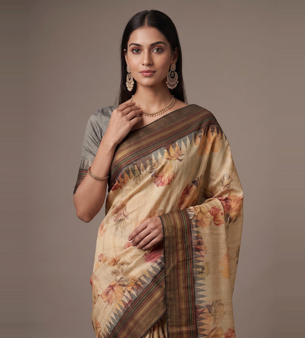 Beige Tussar Saree