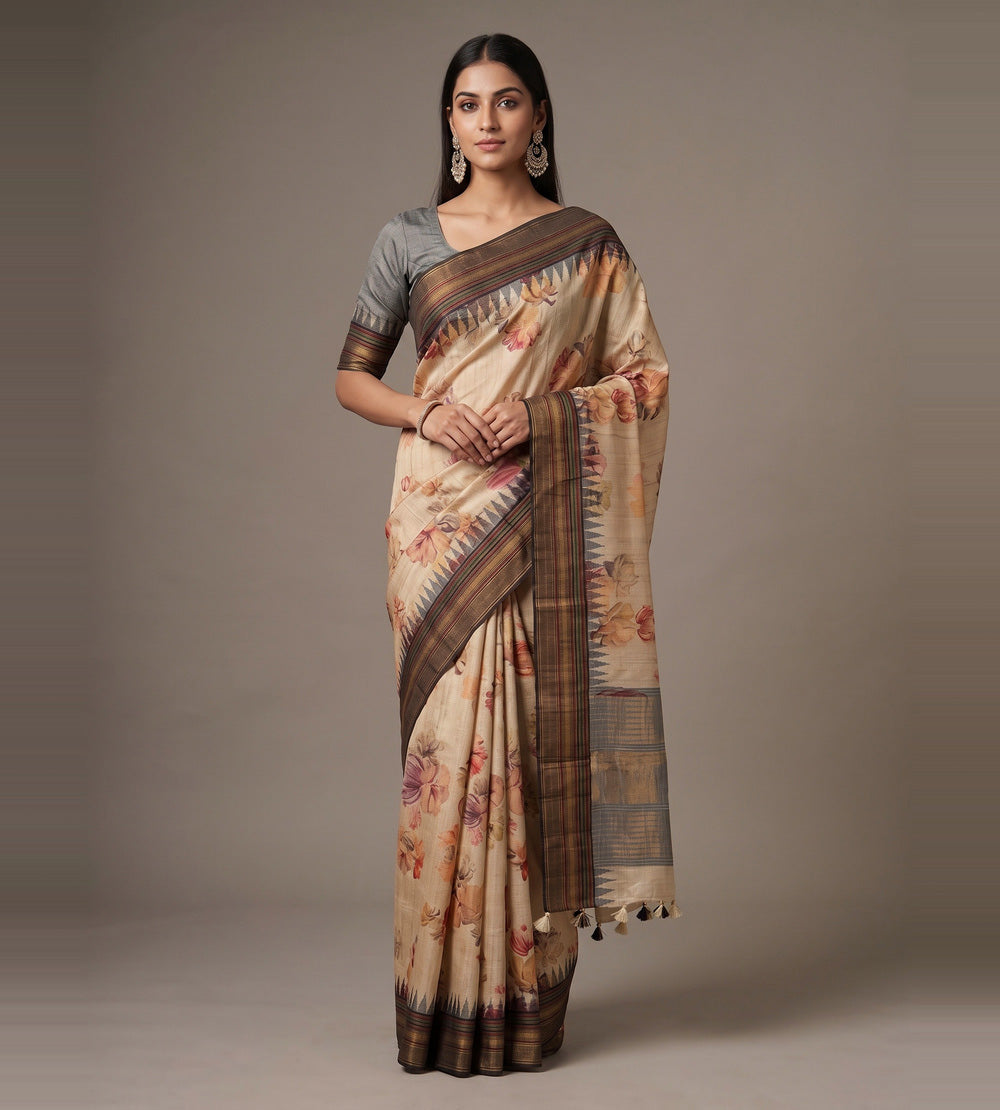 Beige Tussar Saree