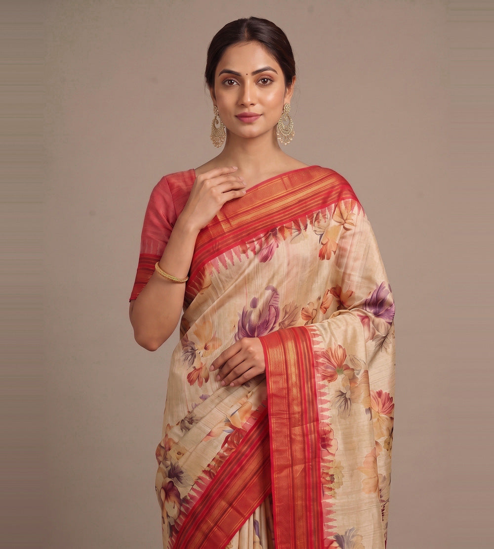 Beige Tussar Saree