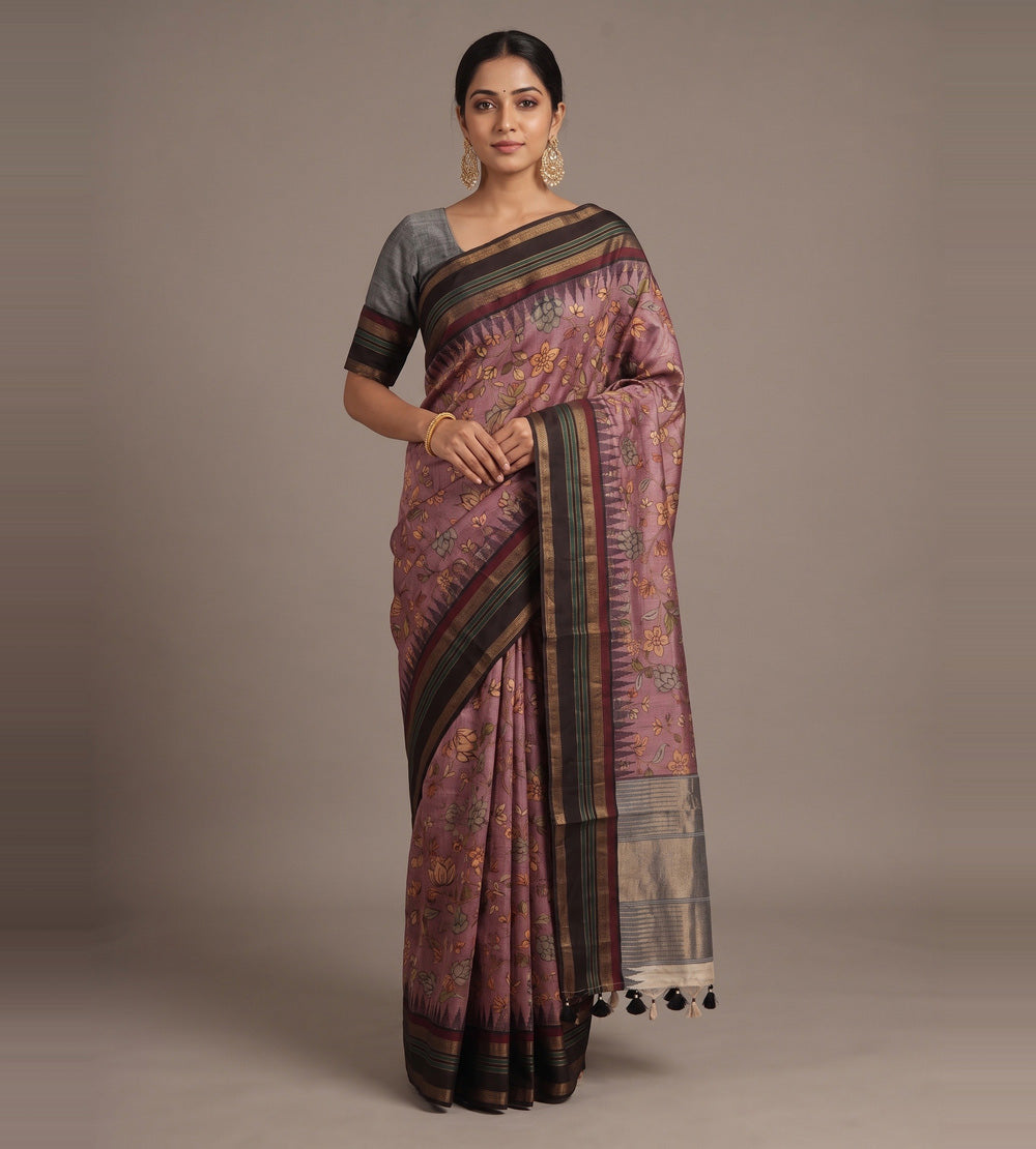 Muted Rose Pink Tussar Saree