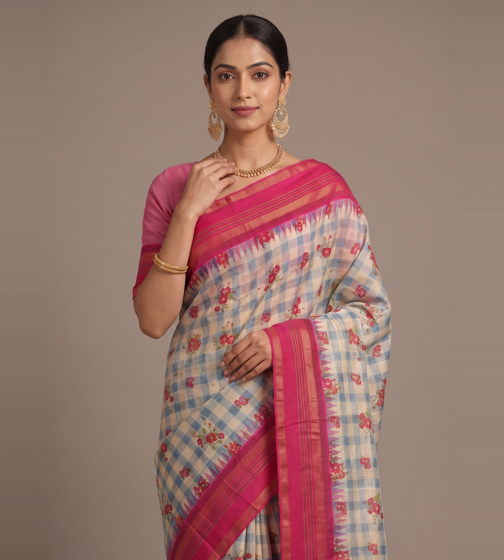 Blue and Beige Tussar Saree