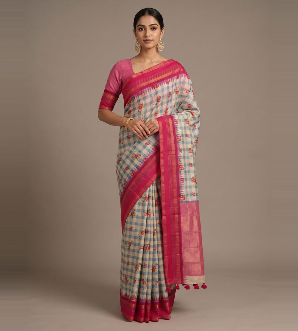 Blue and Beige Tussar Saree