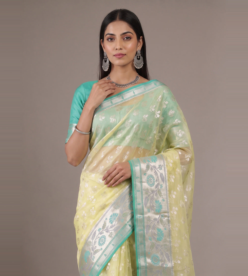 Pastel Yellow Kora Organza Saree