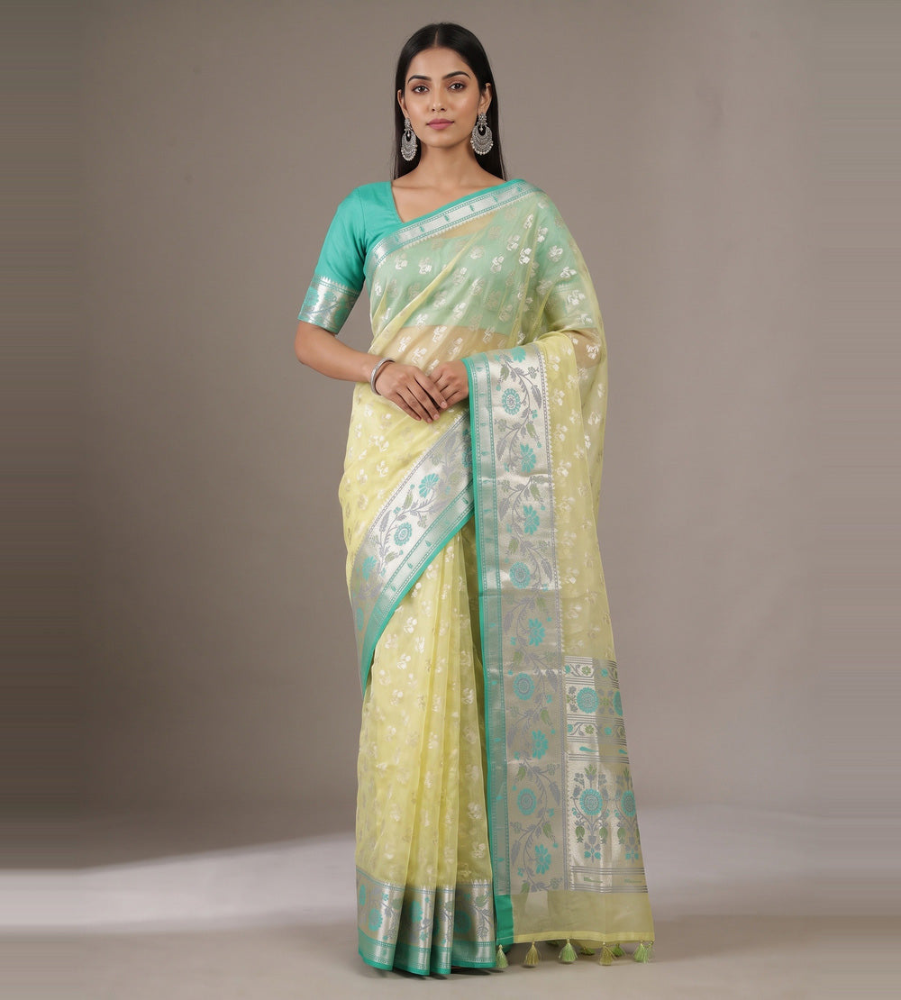 Pastel Yellow Kora Organza Saree