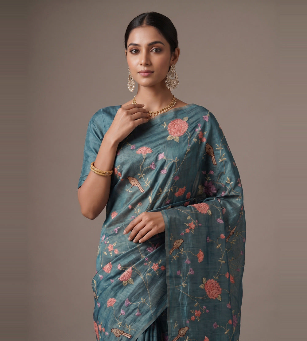 Peacock Blue Tussar Saree
