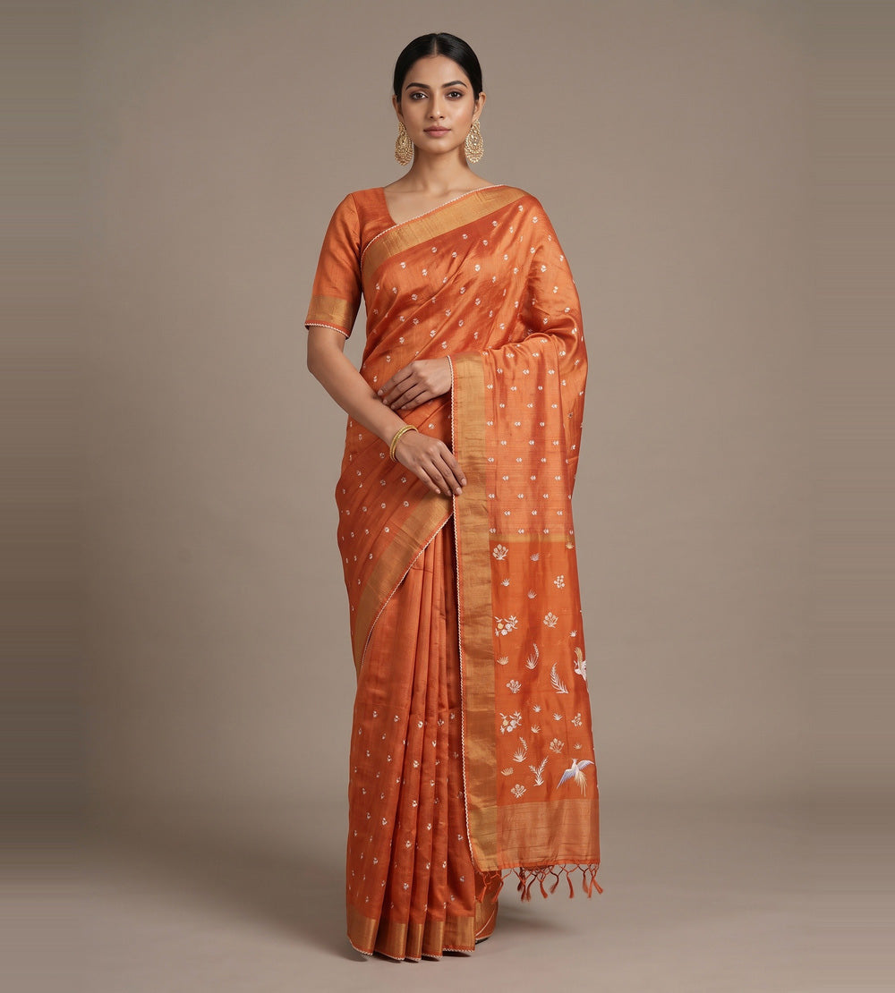Rust Orange Tussar Saree