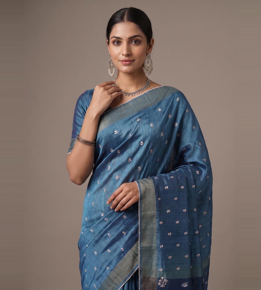 Blue Tussar Saree