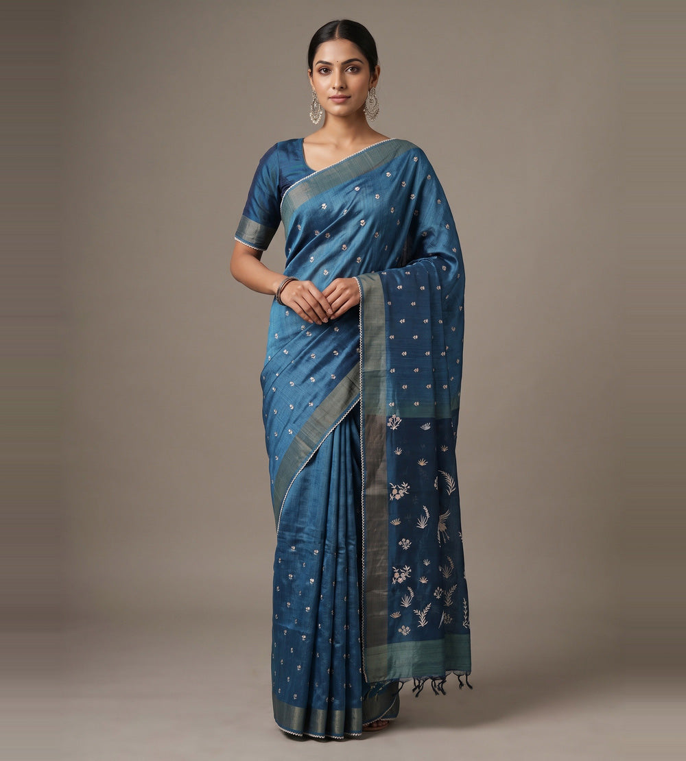 Blue Tussar Saree