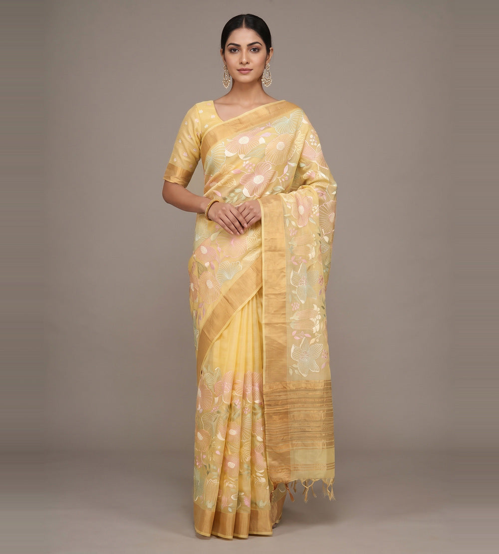 Pastel Yellow Kota Silk Saree