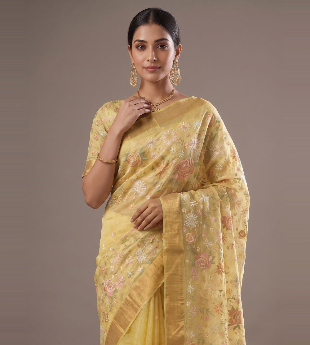 Pastel Yellow Kota Silk Saree