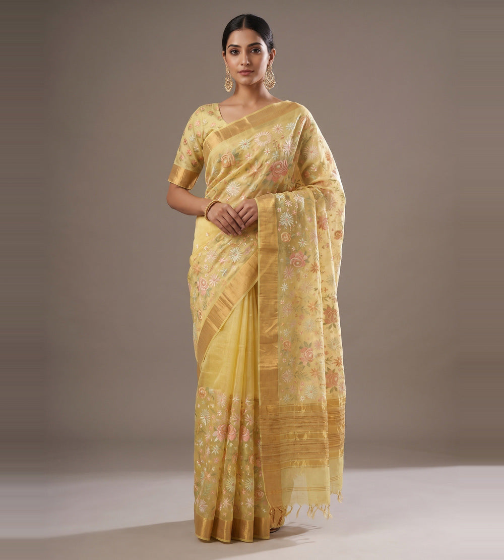 Pastel Yellow Kota Silk Saree