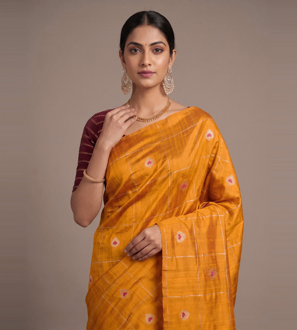 Tangerine Yellow Banarasi Tussar Saree