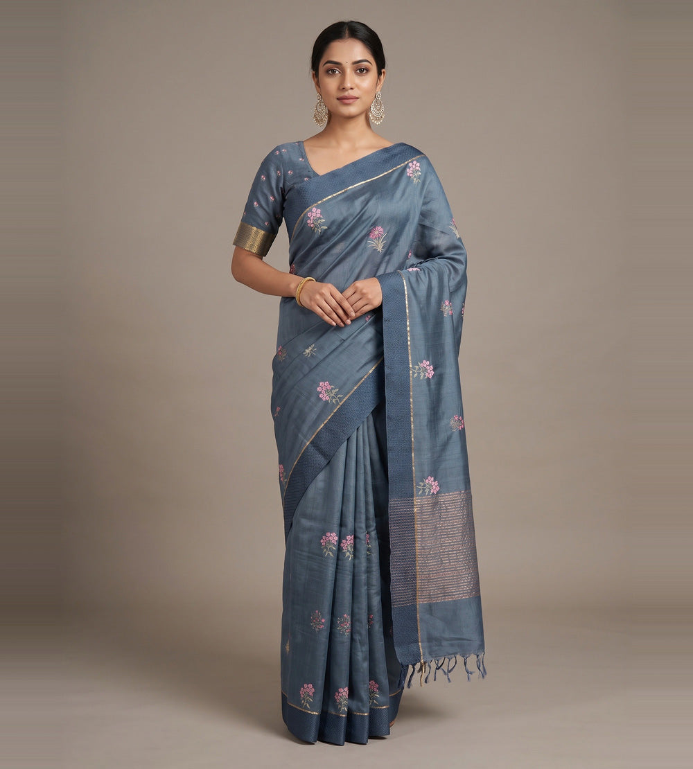 Blue Tussar Saree