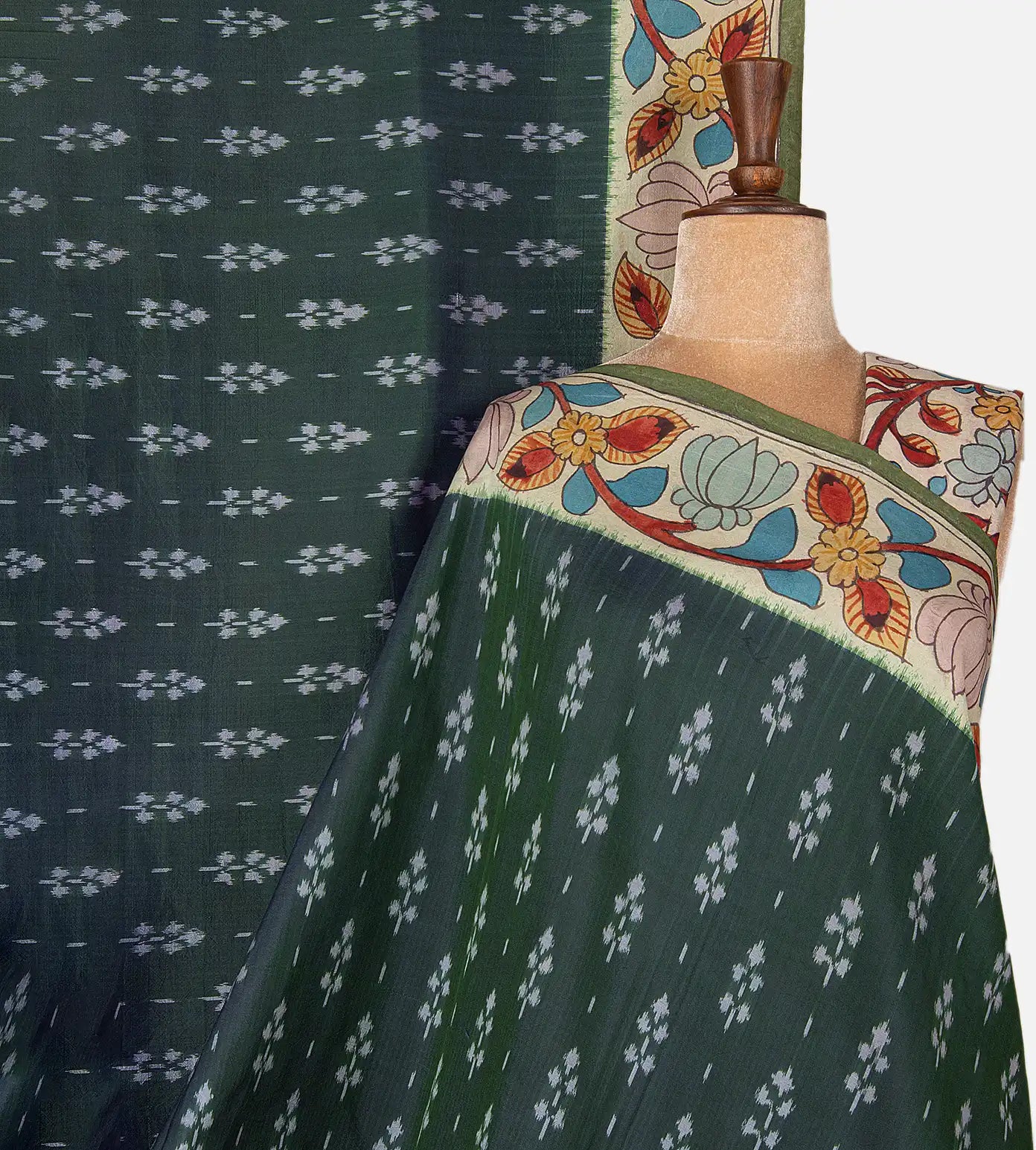 Green Ikkat Silk Kalamkari Saree