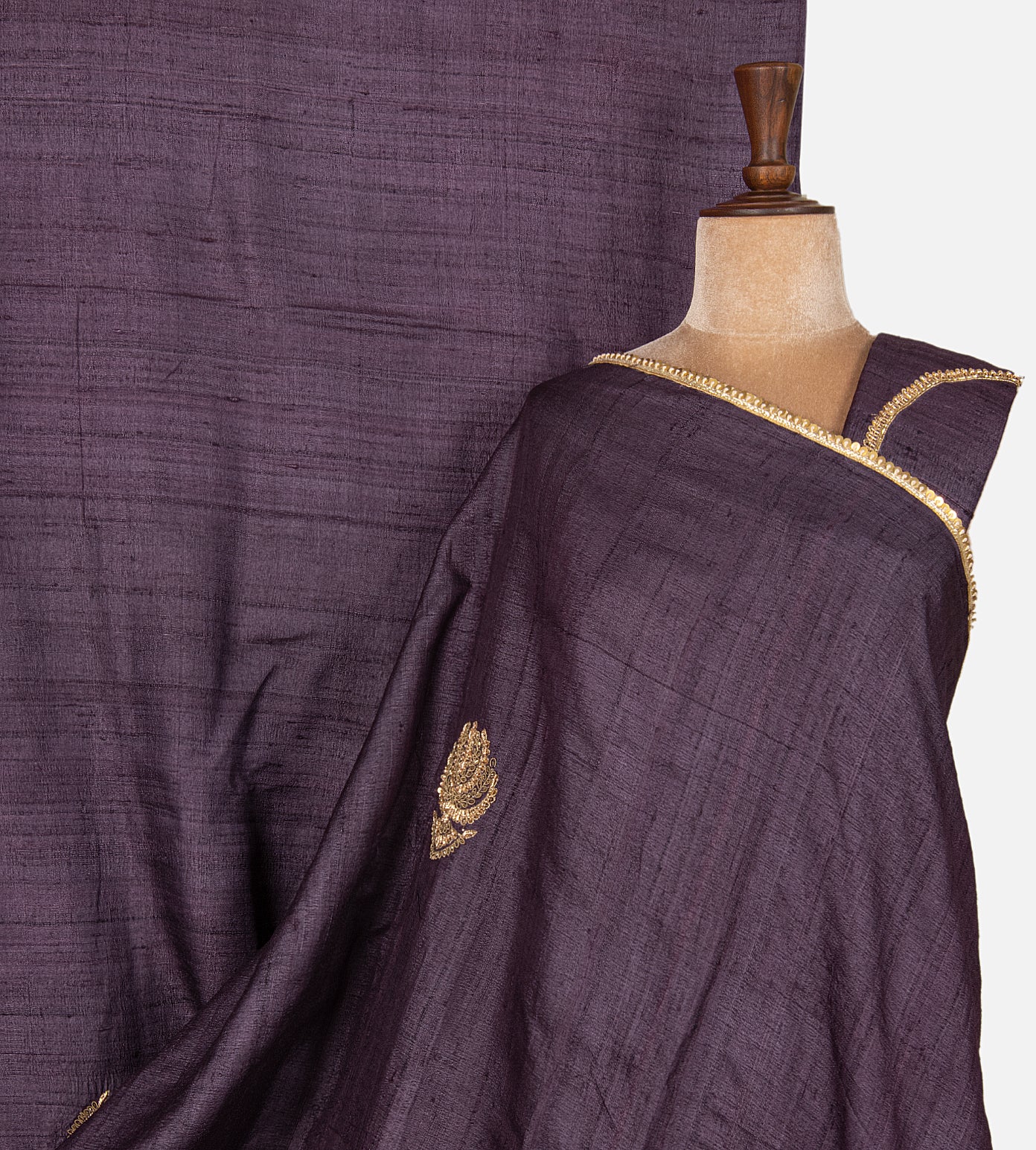 Aubergine Purple Tussar Zardozi Hand Embroidery Saree