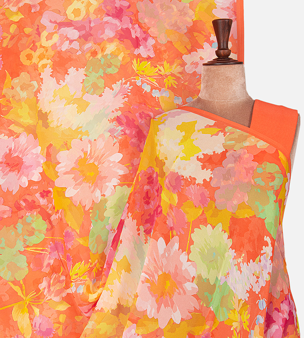 Orange Printed Crepe Saree