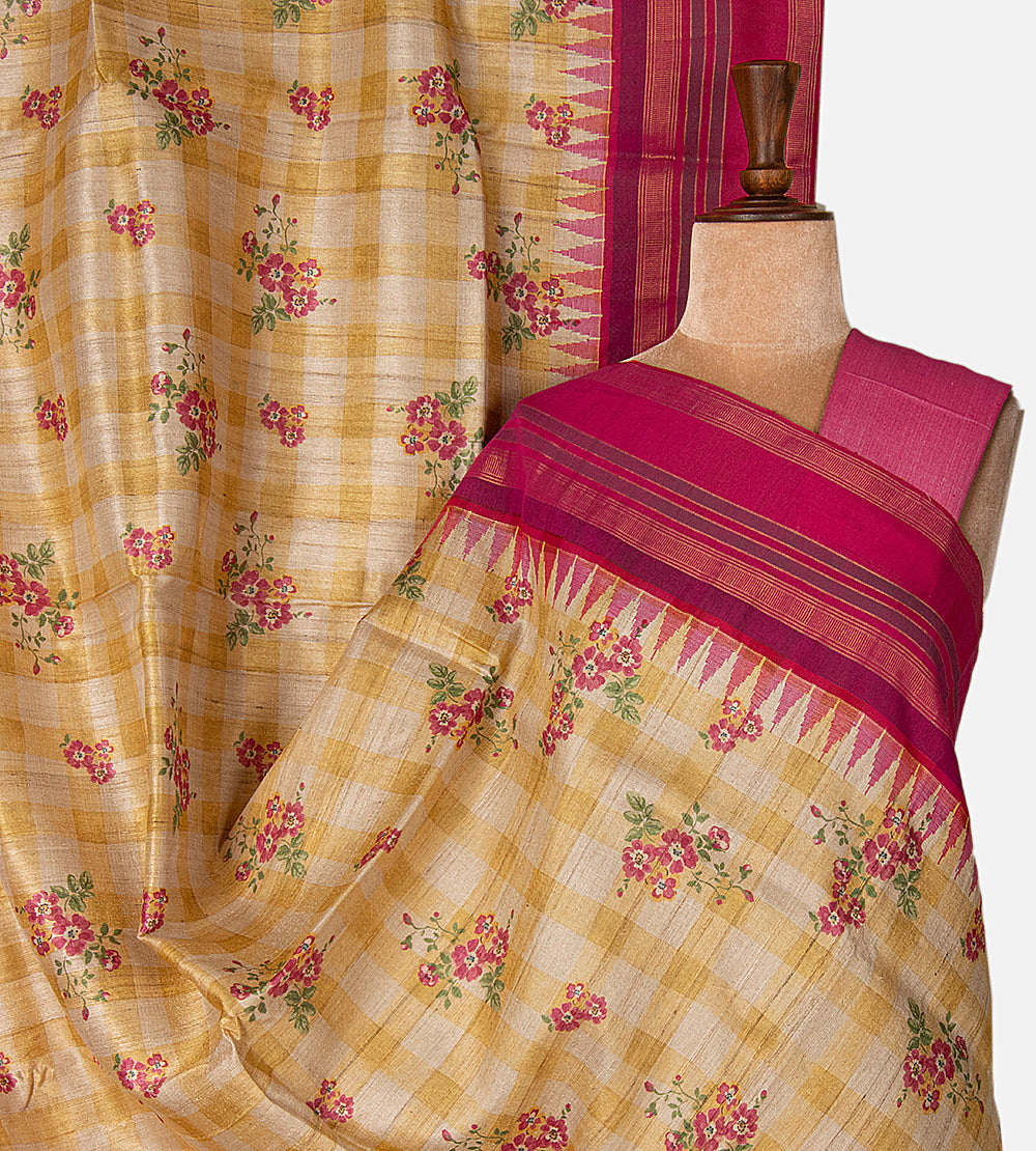 Off-White and Beige Tussar Saree