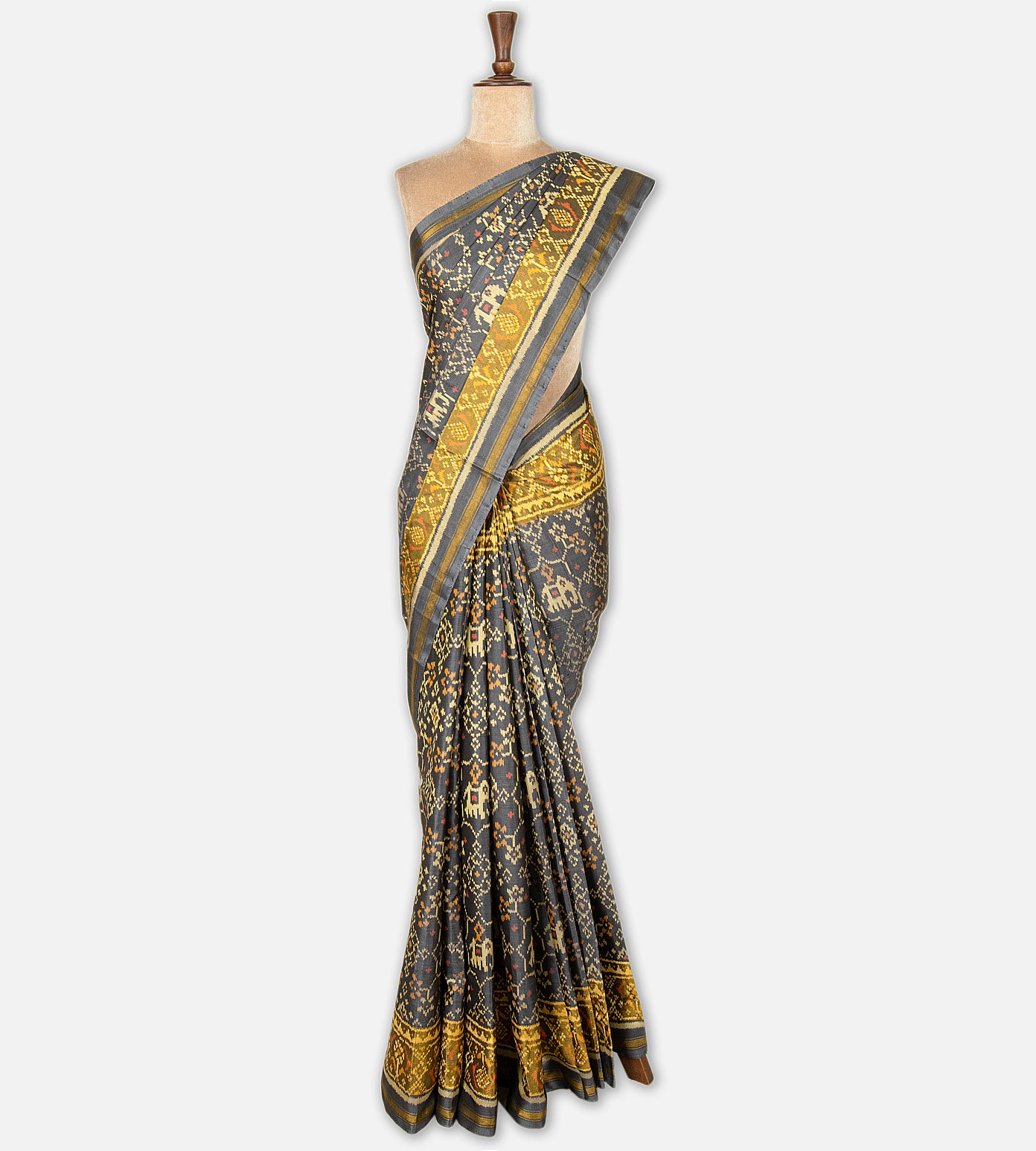 Dark Grey Patola Silk Saree