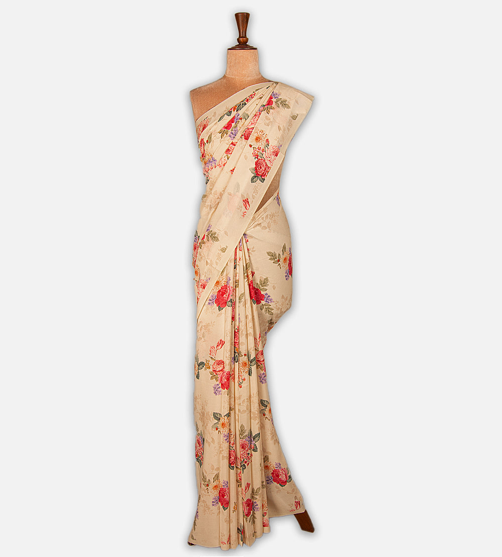 Light Beige Printed Crepe Saree