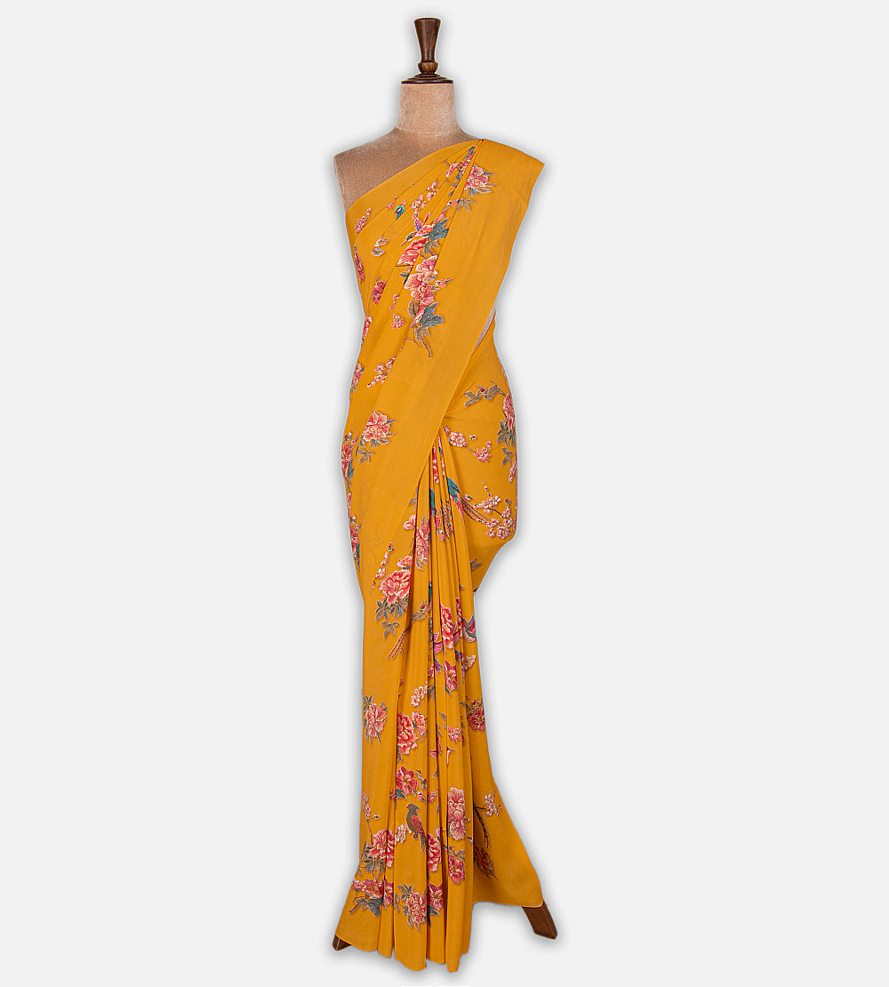 Yellow Printed Crepe Saree