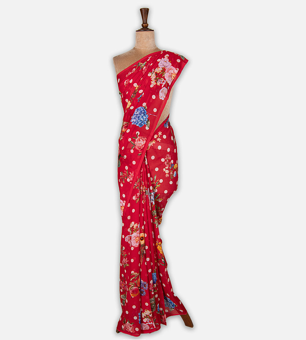 Red Printed Crepe Saree