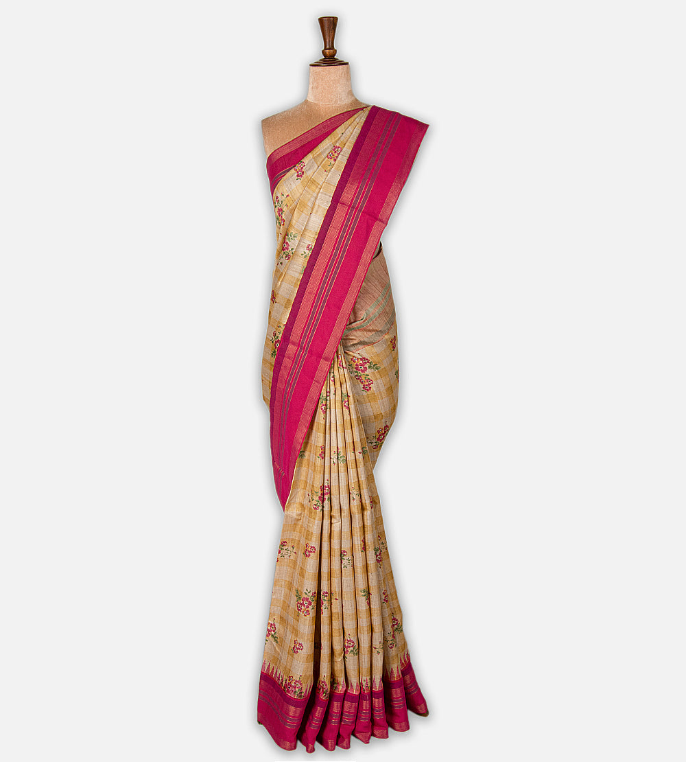 Off-White and Beige Tussar Saree