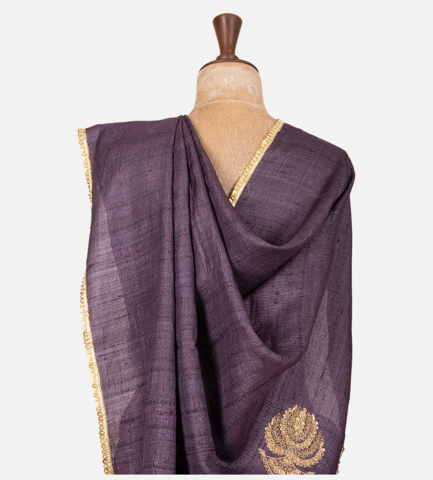 Aubergine Purple Tussar Zardozi Hand Embroidery Saree