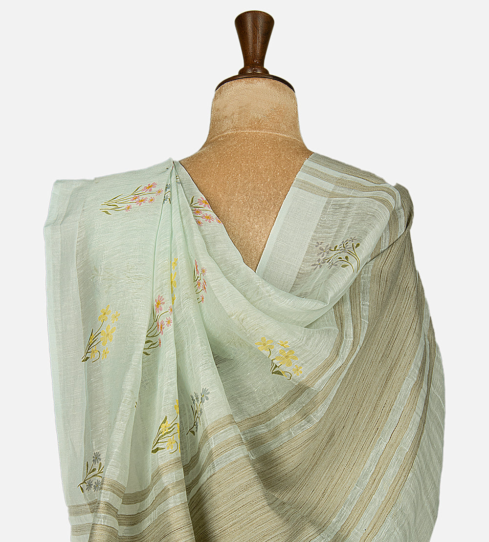 Pastel Sage Green Linen Saree