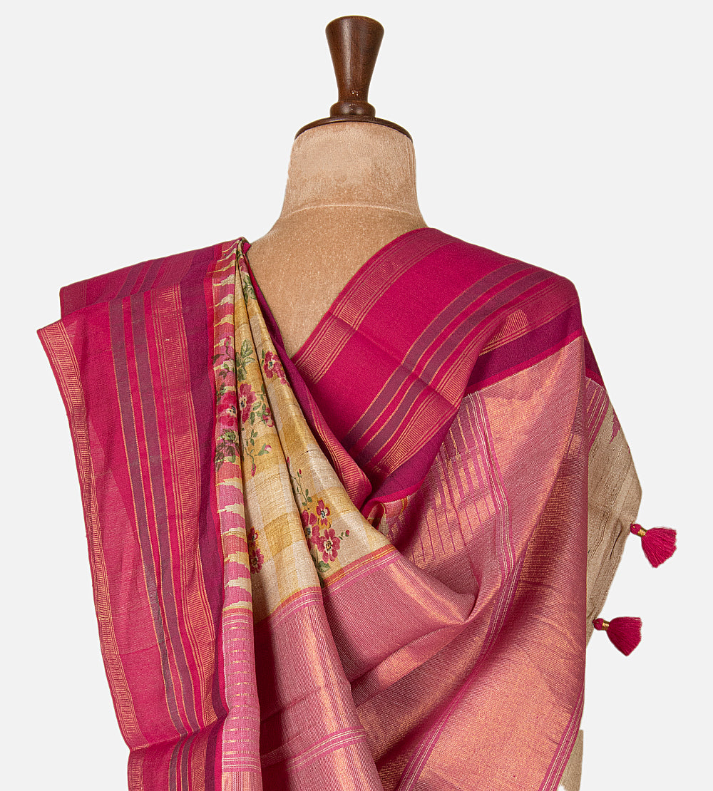 Off-White and Beige Tussar Saree