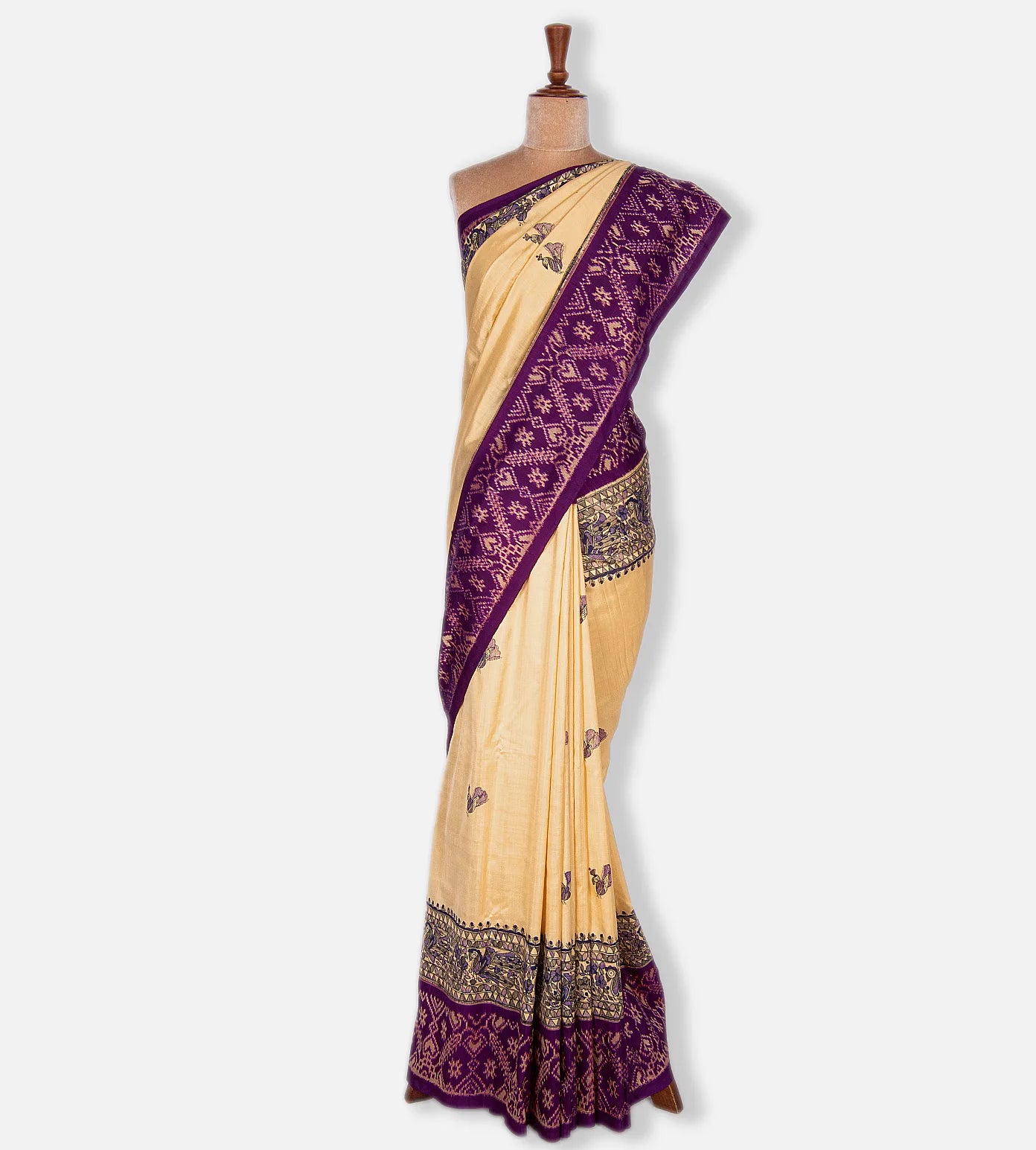 Off White Ikkat Madhubani Hand Painted Saree