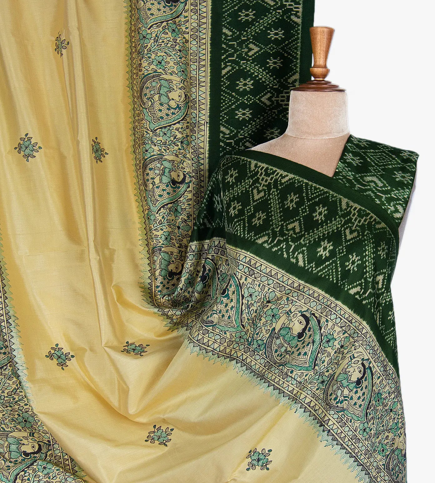 Beige Ikkat Madhubani Hand Painted Saree