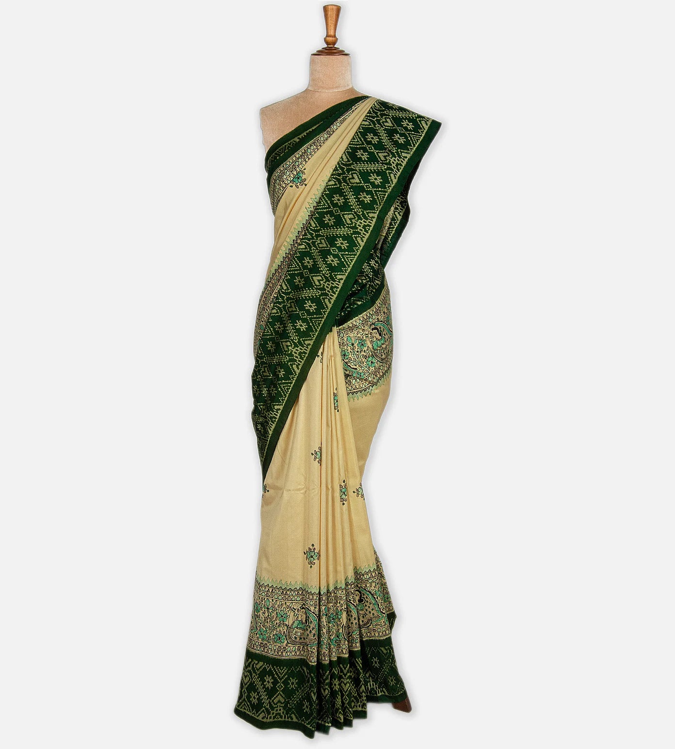 Beige Ikkat Madhubani Hand Painted Saree