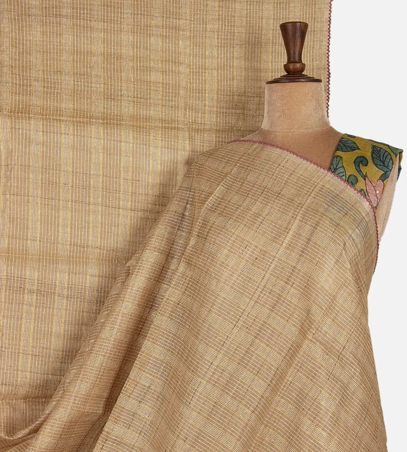 Beige Tussar Saree With Kalamkari Blouse