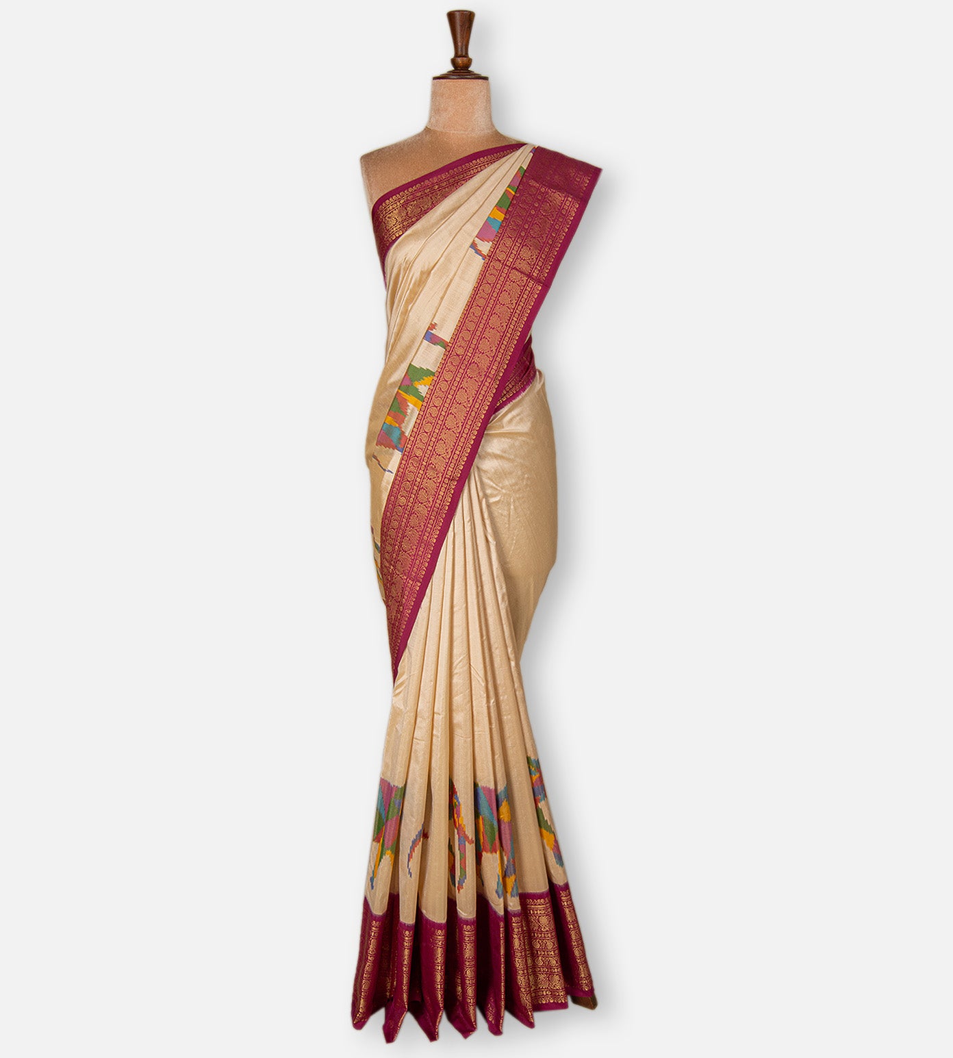 Light Beige Ikkat Kanchipuram Silk Saree