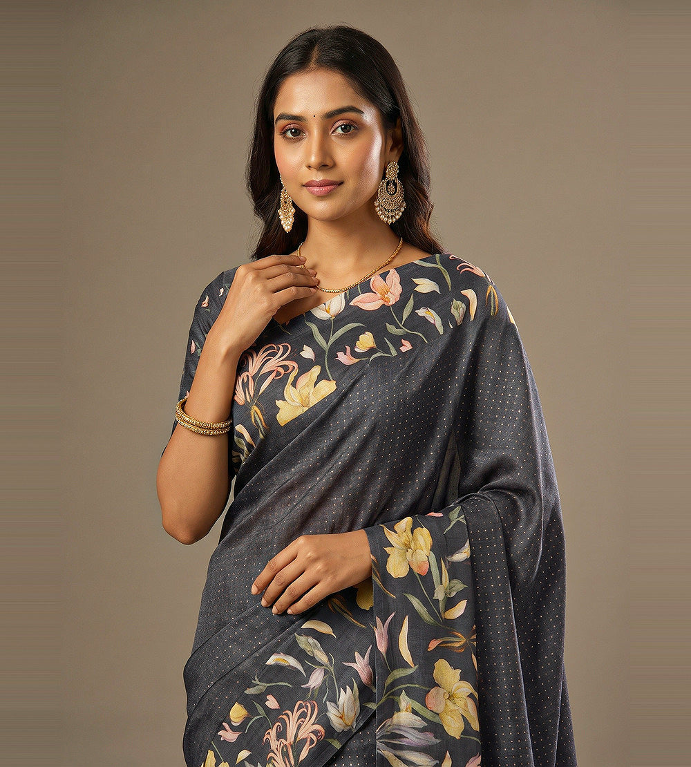 Dark Grey Tussar Saree