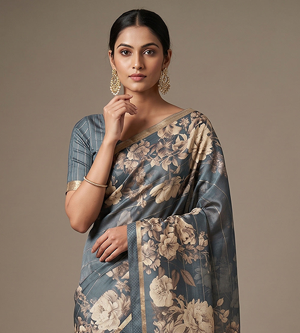 Dusty Steel Blue Tussar Saree