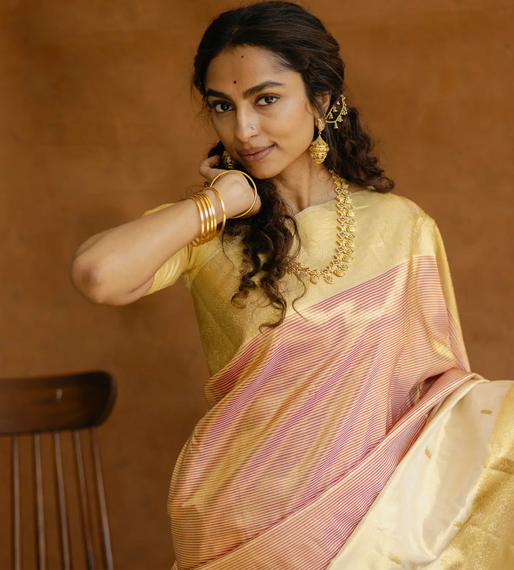 Beige Kanchipuram silk saree